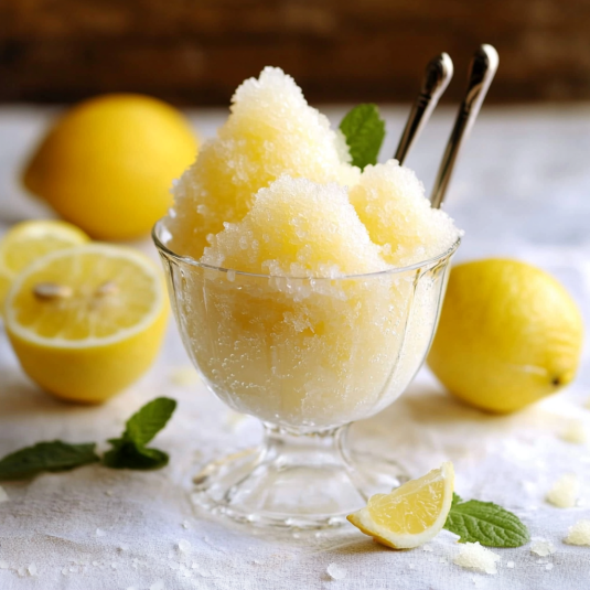 In una tazza di cristallo ci sono 3 blocchi di neve e 3 limoni.