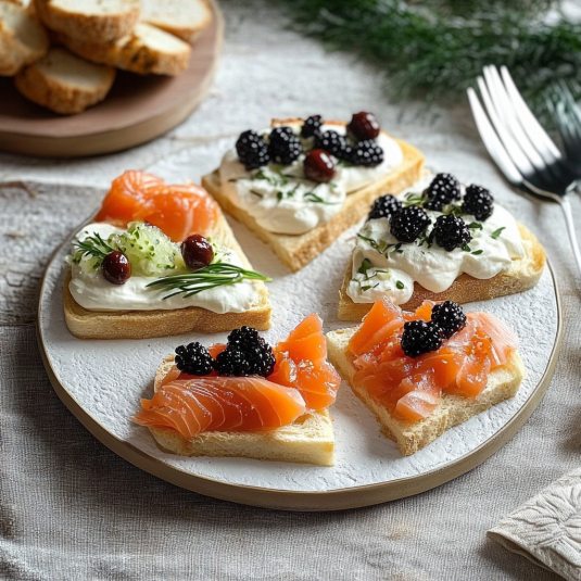 Piatti di salmone e frullato di frutta con crostini di pane.