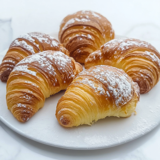 Piatti croissant con polvere di zucchero.