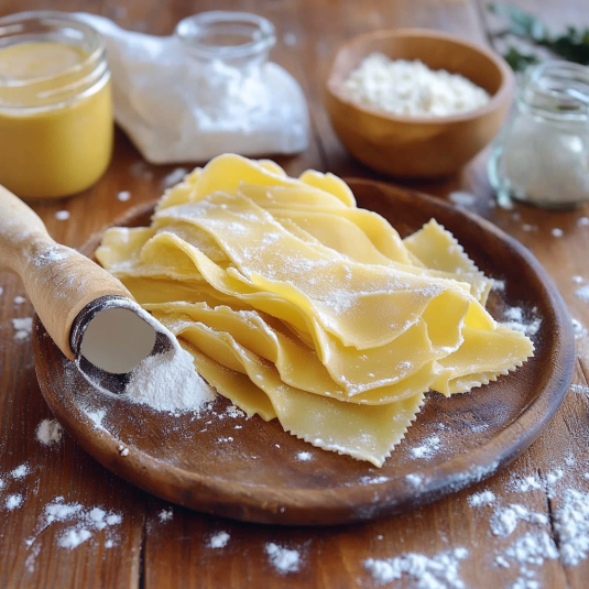Pasta in un piatto con farina e semi.