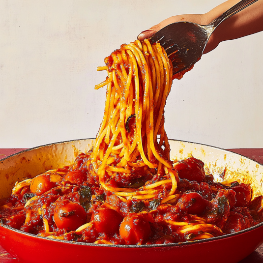 Una persona che tiene una cuchara con spaghetti che cae en una cazuela.