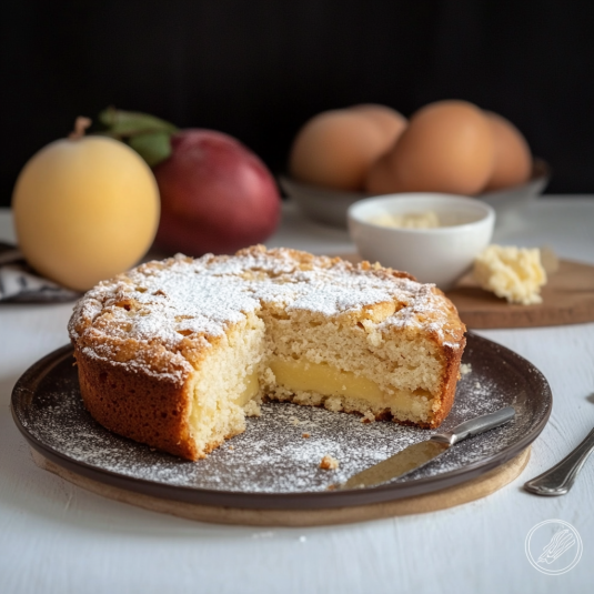 Una tavolata con un dolce in una tazza e un frutto in una scodella.