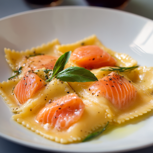 Pasta con salmone e basilico.