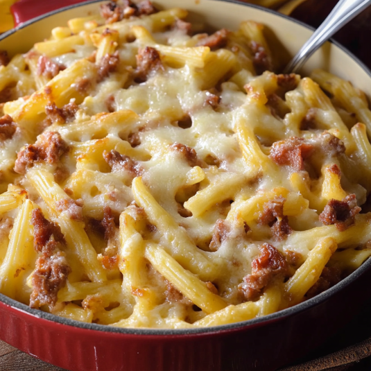 Penne con formaggio e carne in un piatto.