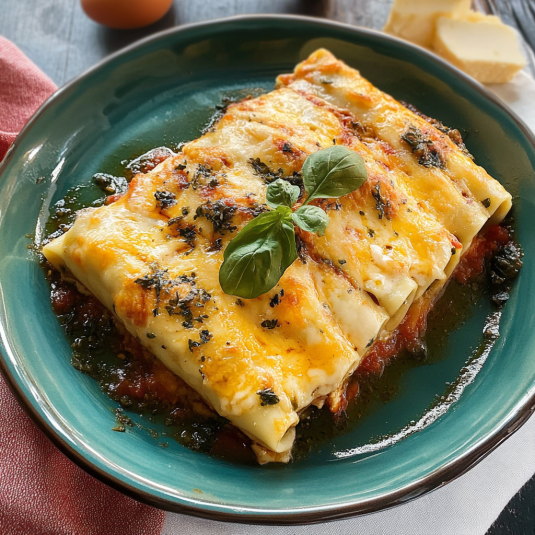 Un piatto di lasagna con foglie di basilico.