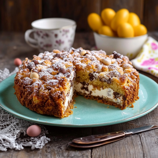 Una tavolata con un dolce a base di cioccolato e noci.