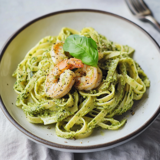 Piatti di pasta con pesce e foglie verdi.