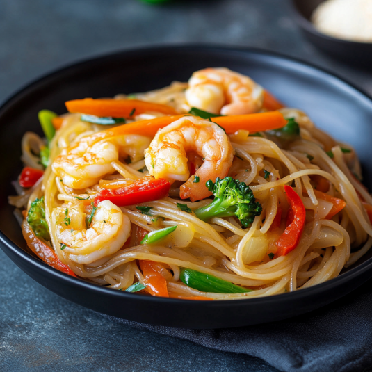 Una ciotola di noodles con carote, peperoni e broccoli.