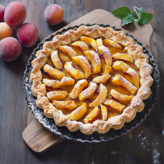 Un dolce a base di frutta con un forno.