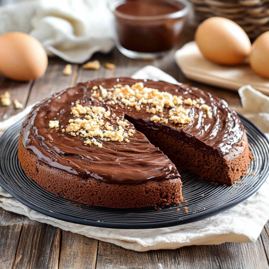 Una torta di cioccolato con nocciole e uova.