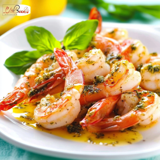 Shrimp con le foglie di basilico.