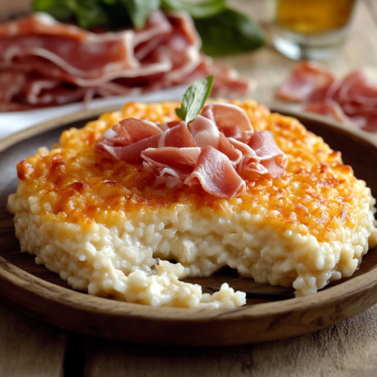 Una tavolata con un piatto di pasta e prosciutto.