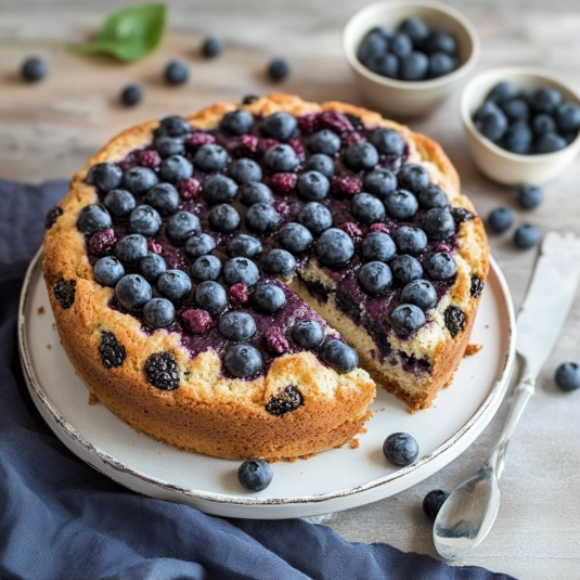 Una torta con frutta di bosco e frutta di morello.