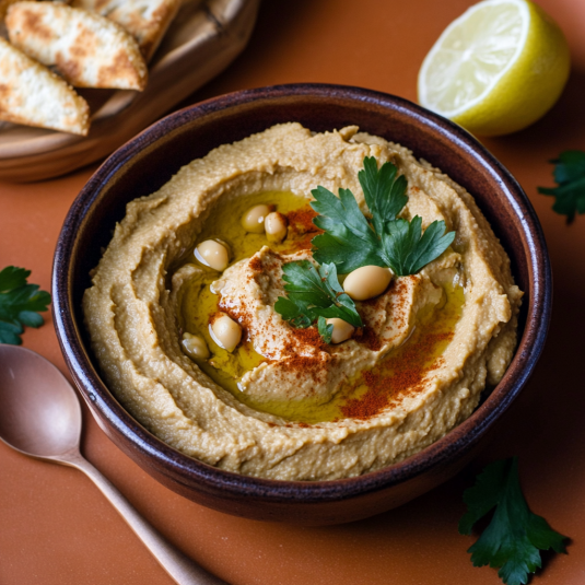 Una ciotola di hummus con cipolla e noci.