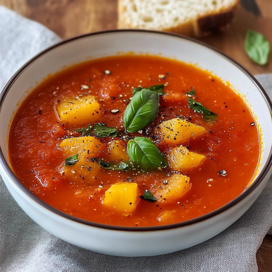 Una tazza di zuppa con verdure e pane.