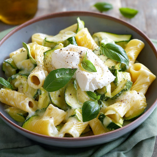Una ciotola di pasta con verdure e formaggio.
