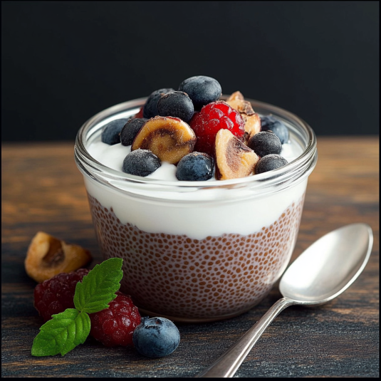 Un bicchiere di frullato con frullati, banane, raspberry e blueberry.