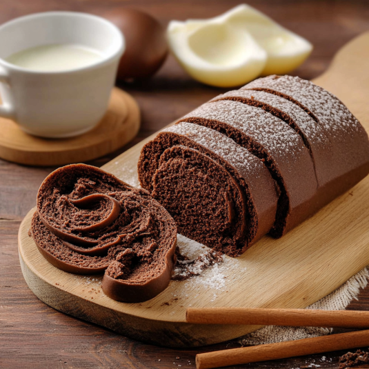 Un pezzo di ciabatta con crema e cacao.