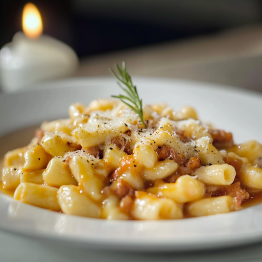 Penne con sugo di pomodoro e parmigiano.