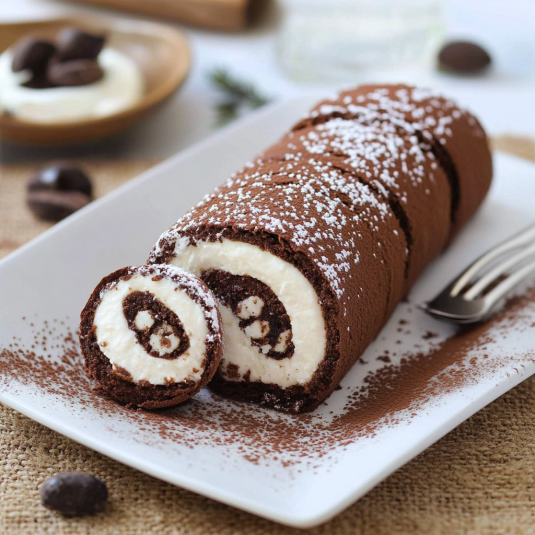 Un dolce a forma di spirale con crema e cioccolato.