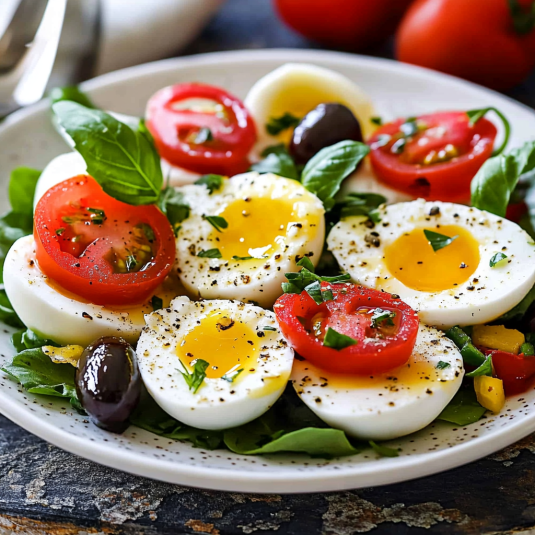 Piatti di uova e pomodori con erbe.