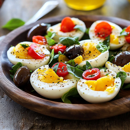 Una tavolata con uova e verdure.