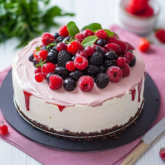 Una torta con frutta fresca e crema.