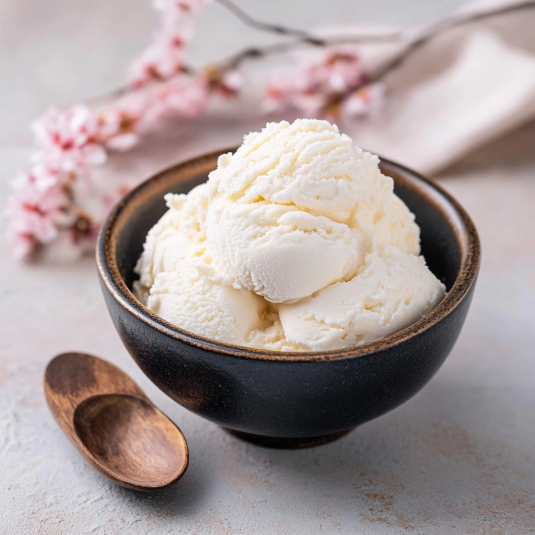 Una ciotola di gelato con un cucchiaino accanto.