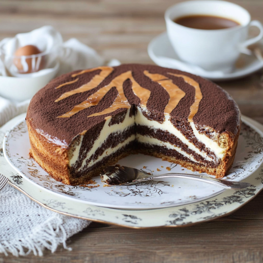 Un cake a strisce con crema e cioccolato.