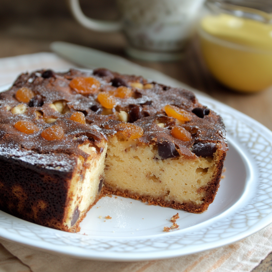 Una tavolata con un dolce a base di frutta e cioccolato.