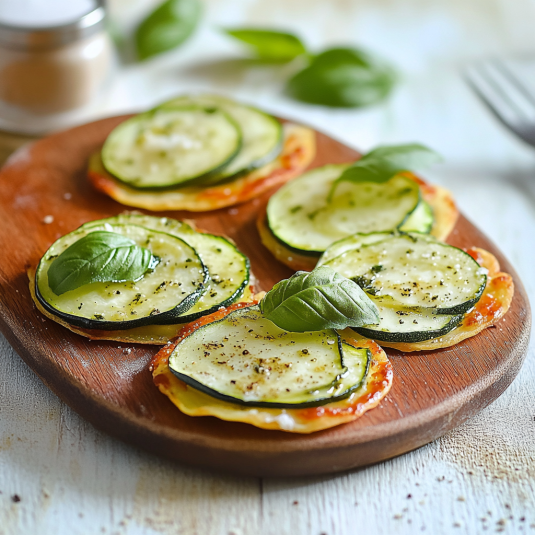 Quattro fette di zucchini con foglie verdi.