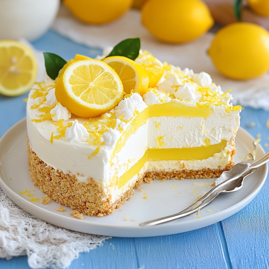 Una torta con frullato di limone e crema di cioccolato.