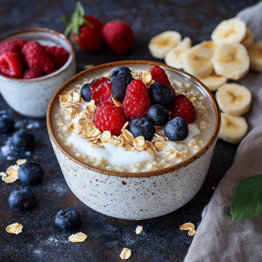 Banana, blueberry, raspberry, and oatmeal in a bowl.