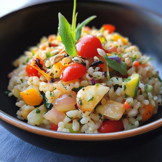 Una ciotola di riso con verdure e pomodori.