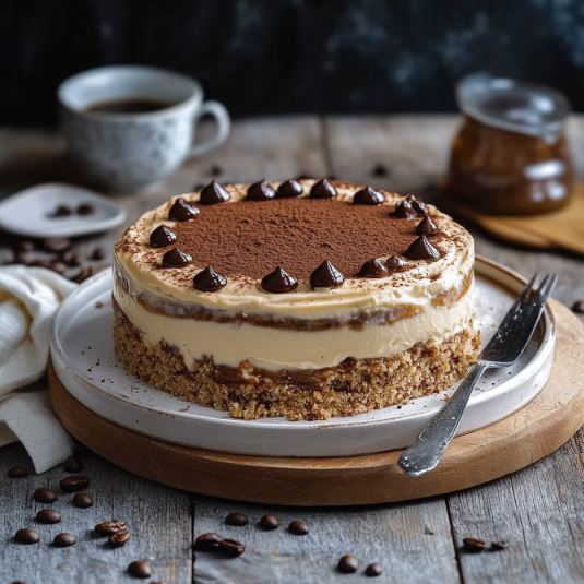 Una tavolata con un dolce a base di cioccolato e caffè.