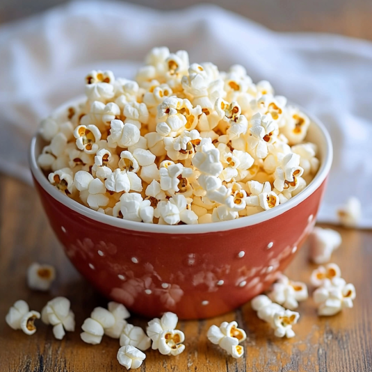 Una ciotola rossa con popcorn.