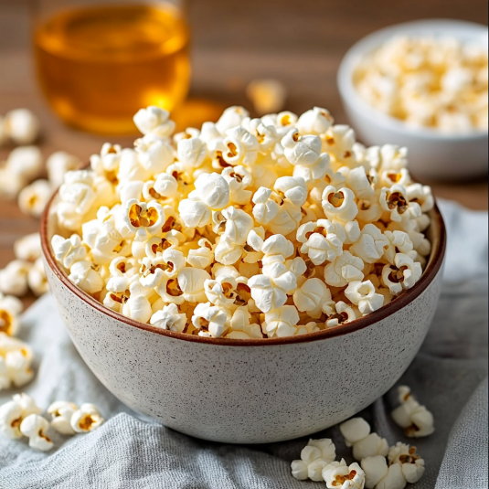 Una ciotola di popcorn con un contenitore di olio.