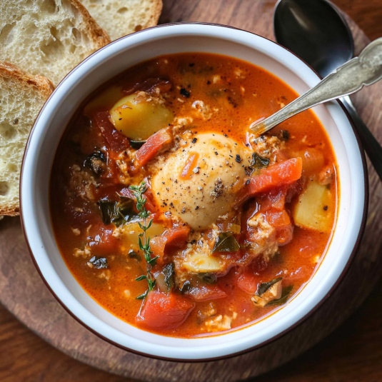 Una tazza di minestrone con una fetta di pane.