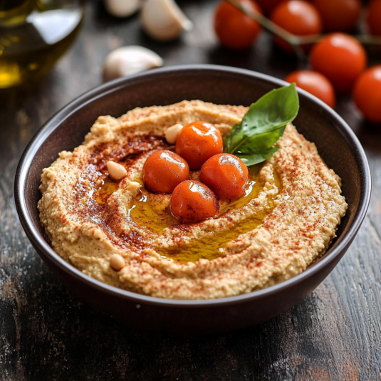 Una ciotola di hummus con pomodori e basilico.