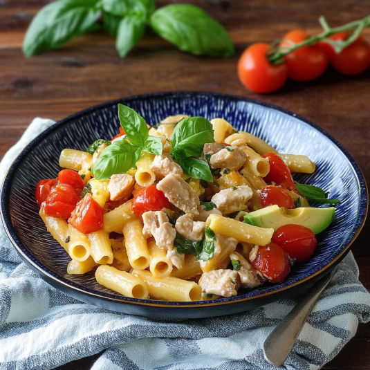 Una tavolata con un piatto di pasta e verdure.