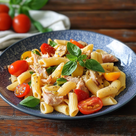 Piatti di pasta con verdure e carne.