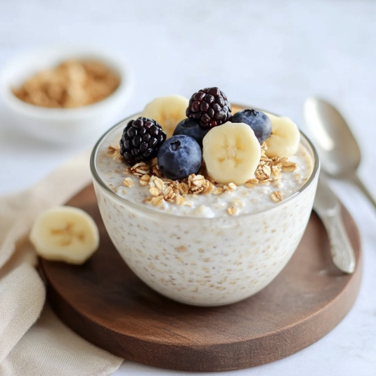 Banana, berries, yogurt, granola.