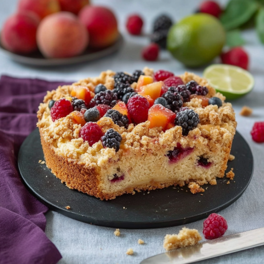Una tavolata con un dolce a base di frutta e granola.