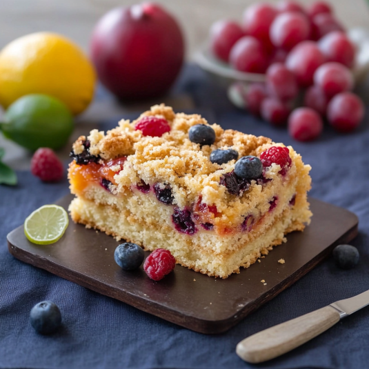 Una tavolata con un dolce a base di frutta e granola.