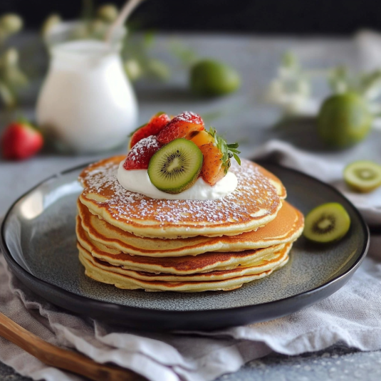 Pancakes con frutta e crema.