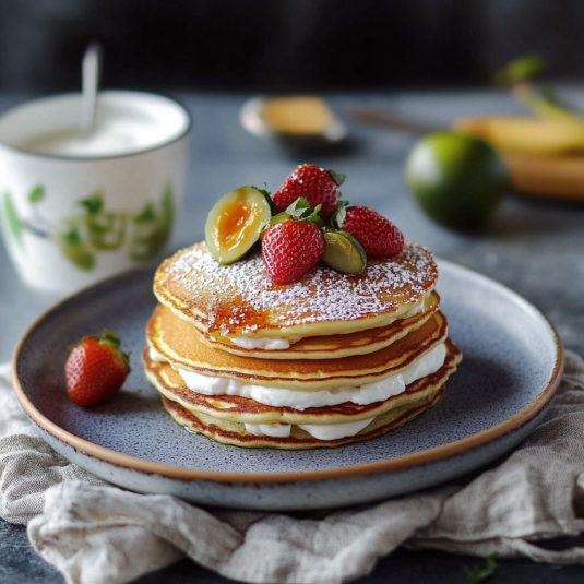 Un piatto di pancakes con frutta e crema.