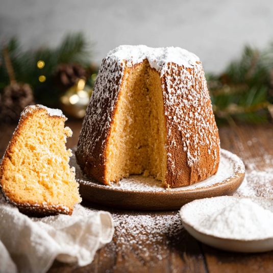 Una torta con la crema sul fondo, ricoperta di zucchero e con una forma a cupola.