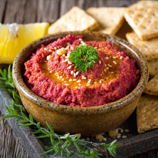 Una ciotola con un composto rosso e un panno di cracker.
