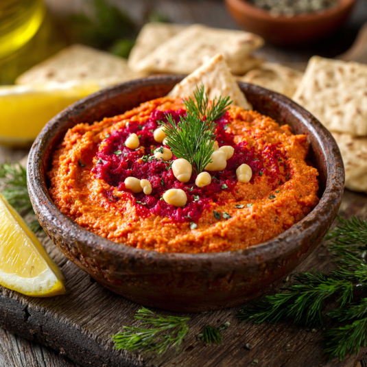 Una tazza di hummus con paneer e limoni.