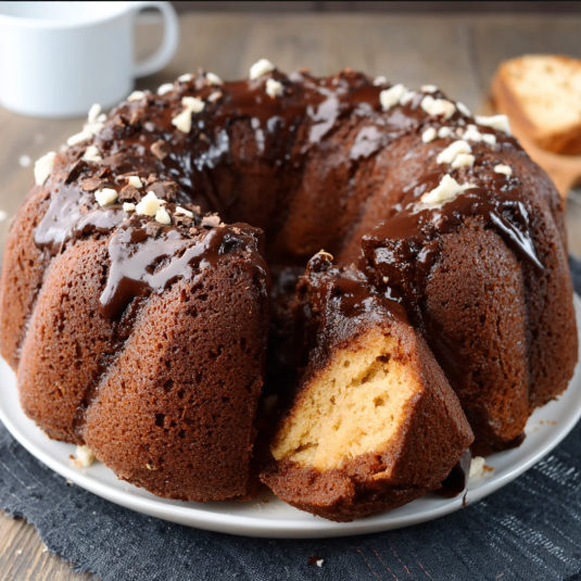 Un cake di cioccolato con chocolate e noci.